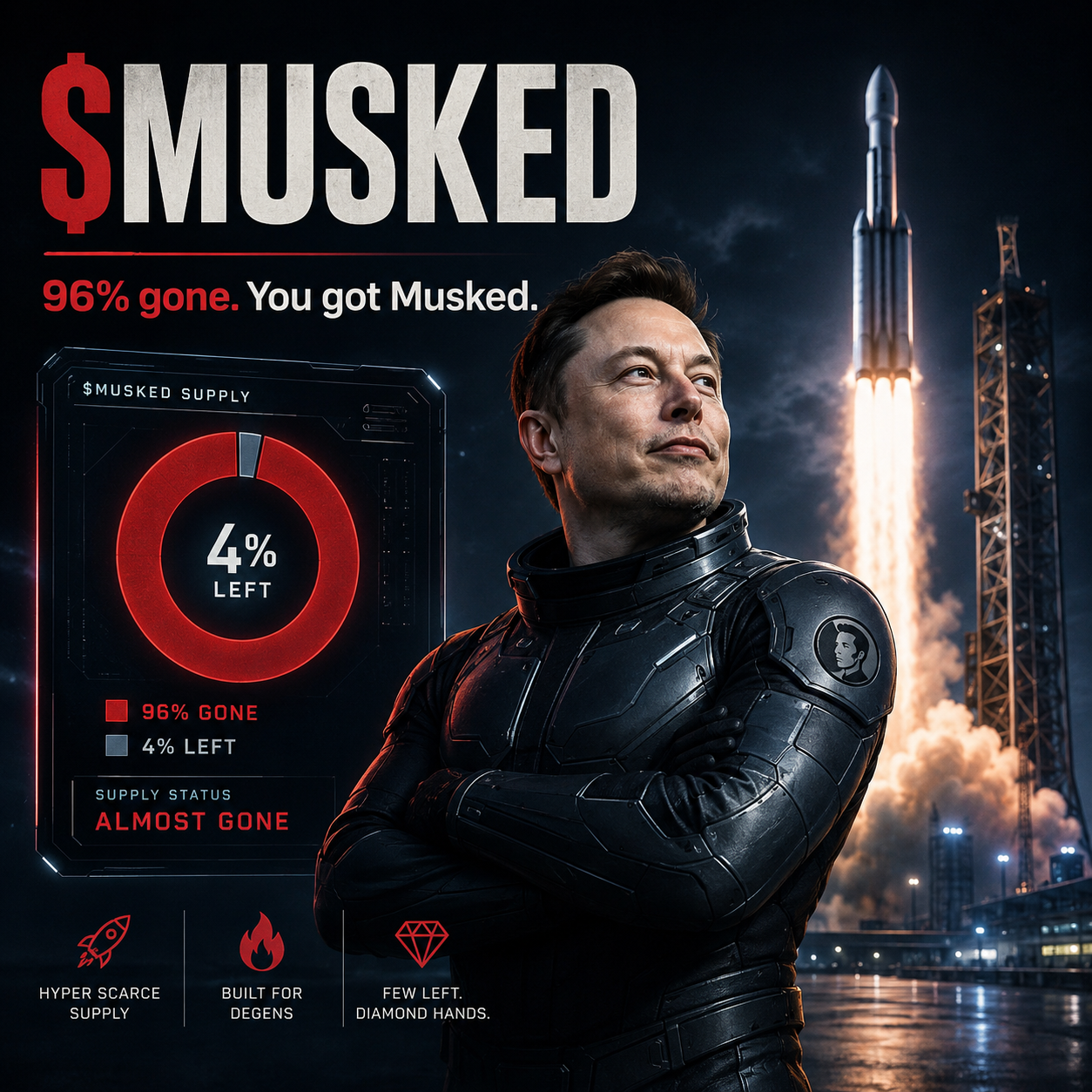 $MUSKED poster showing rocket launch and supply status